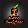 Evil spirit in the form of an Devil orange carrot with the text of a Happy Halloween. All Hallows Evening banner or greeting card