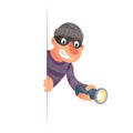 Evil thief with flashlight peeping out of cartoon character design vector illustration