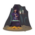 Evil witch brewing potion flat vector illustration