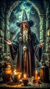 Evil wizard or alchemist making the witchcraft in a dark and scary Royalty Free Stock Photo