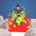 Evil wizard cast spell on Earth, planet burns in flames, vector illustration Royalty Free Stock Photo