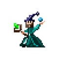 Evil wizard putting spell, cartoon pixel art character isolated on white background.