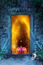 An evilly laughing spooky scary orange pumpkin with glowing eyes in front of a cemetery door with fire sparks at night
