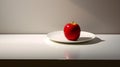 Evocative Abstract Photo of Ripe Red Apple Centrally Placed on White Plate against a Neutral Background. Generative Ai