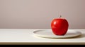 Evocative Abstract Photo of Ripe Red Apple Centrally Placed on White Plate against a Neutral Background. Generative Ai