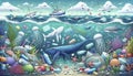 An evocative illustration captures the striking contrast of vibrant sea creatures amidst underwater pollution