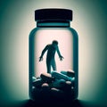 An illustration of a drug addict person trapped in medicine bottle