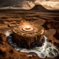 Sunlit Oasis: Circular Stone Table in the Desert Royalty Free Stock Photo