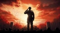 An evocative illustration of a veteran in uniform saluting at a war memorial, AI generated