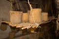 Baskets placed on a bamboo shelf