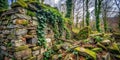 A Testament to Time Decaying Stone Wall Overgrown with Ivy and Moss Amidst Rubble and Debris in a Royalty Free Stock Photo