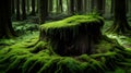 A moss-covered stump of a felled tree in a green forest.