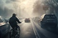 An evocative image of a cyclist riding in foggy road generative AI
