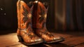 Brown cowboy boots on wooden table