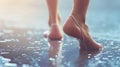 Barefoot woman walking on a wet surface highlighting the beauty and vulnerability of cracked heels