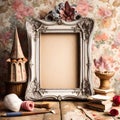 Papyrus Canvas in Ornate Frame: Vintage Elegance Against flowered Wallpapered Wall