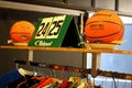Old basketballs and scoreboards at a vintage market