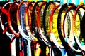 Closeup of old tennis rackets at a vintage market