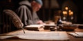 Medieval Scribe Writing in Candlelit Room Royalty Free Stock Photo