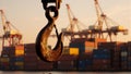 Industrial Sunset: Rusty Hook and Cargo Cranes Royalty Free Stock Photo