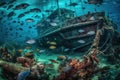 Sunken old boat near coral reef - underwater exploration of ancient ships amidst rocky reefs, ocean depths, generative AI