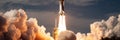 An evocative image of a space shuttle launch, with plumes of smoke and fire visible as it lifts off into the sky