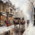 Horse-Drawn Victorian Carriage Driving Through a Wintery Old-Time London City