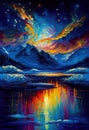 evocative oil leonid sunset lake mountain background cosmic frozen liquid blue orange palette starry night color explosion young Royalty Free Stock Photo