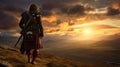 Highland Harmony: Kilted Scotsman Gazes Upon Sunset Majesty