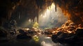 An evocative photograph capturing the mysterious ambiance of a cave, where stalactites seem like frozen time capsules holding anci