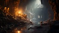 An evocative photograph capturing the mysterious ambiance of a cave, where stalactites seem like frozen time capsules holding anci