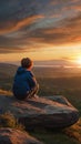 a boy sits on a rock and looks at the sunset A Poignant Portrait of a Melancholic Child Watching Royalty Free Stock Photo