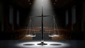 A set of silver scales of justice spot-lit and balanced, with a dark, out-of-focus courtroom in the background. Royalty Free Stock Photo