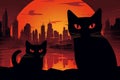 Cityscape Silhouettes: Vivid-Eyed Abstract Black Cats in Urban Setting Royalty Free Stock Photo