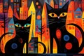 Cityscape Silhouettes: Vivid-Eyed Abstract Black Cats in Urban Setting Royalty Free Stock Photo