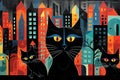 Cityscape Silhouettes: Vivid-Eyed Abstract Black Cats in Urban Setting Royalty Free Stock Photo