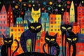 Cityscape Silhouettes: Vivid-Eyed Abstract Black Cats in Urban Setting Royalty Free Stock Photo