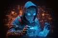 Hacker in hood stealing data concept on dark background with city lights