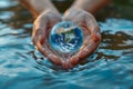 An evocative and symbolic World Water Day, featuring hands cupping clear, clean water with a reflection of the Earth, emphasizing
