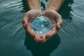 An evocative and symbolic World Water Day, featuring hands cupping clear, clean water with a reflection of the Earth, emphasizing