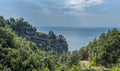 Evocative view of the Amalfi coast. Landscape. views of the rocky hills overlooking the sea and wild vegetation Royalty Free Stock Photo
