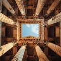 Evoke the awe and wonder of ancient innovations from a captivating lowangle view Illustrate the profound impact on society