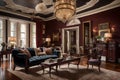 a classic Victorian-inspired living room, adorned with intricate moldings,