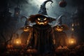 Evoke spookiness Dark background, pumpkins, bats in haunting Halloween poster
