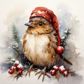 Evoking the magic of Christmas, a delicate watercolor bird in a vibrant red New Year's cap graces a snowy branch