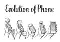 Evolution of communication devices from classic phone to modern mobile phone. Hand man. Hand drawn design element