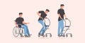Evolution of disabled man patient sitting in wheelchair staying with crutches rehabilitation concept horizontal full