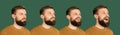 Evolution of emotions. Caucasian man& x27;s portrait isolated over green studio background with copyspace