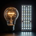 Evolution of Light Incandescent Bulb vs Modern LED Panel (1 Royalty Free Stock Photo