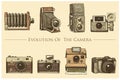 Evolution of the photo, video, film, movie camera from first till now vintage, engraved hand drawn in sketch or wood cut